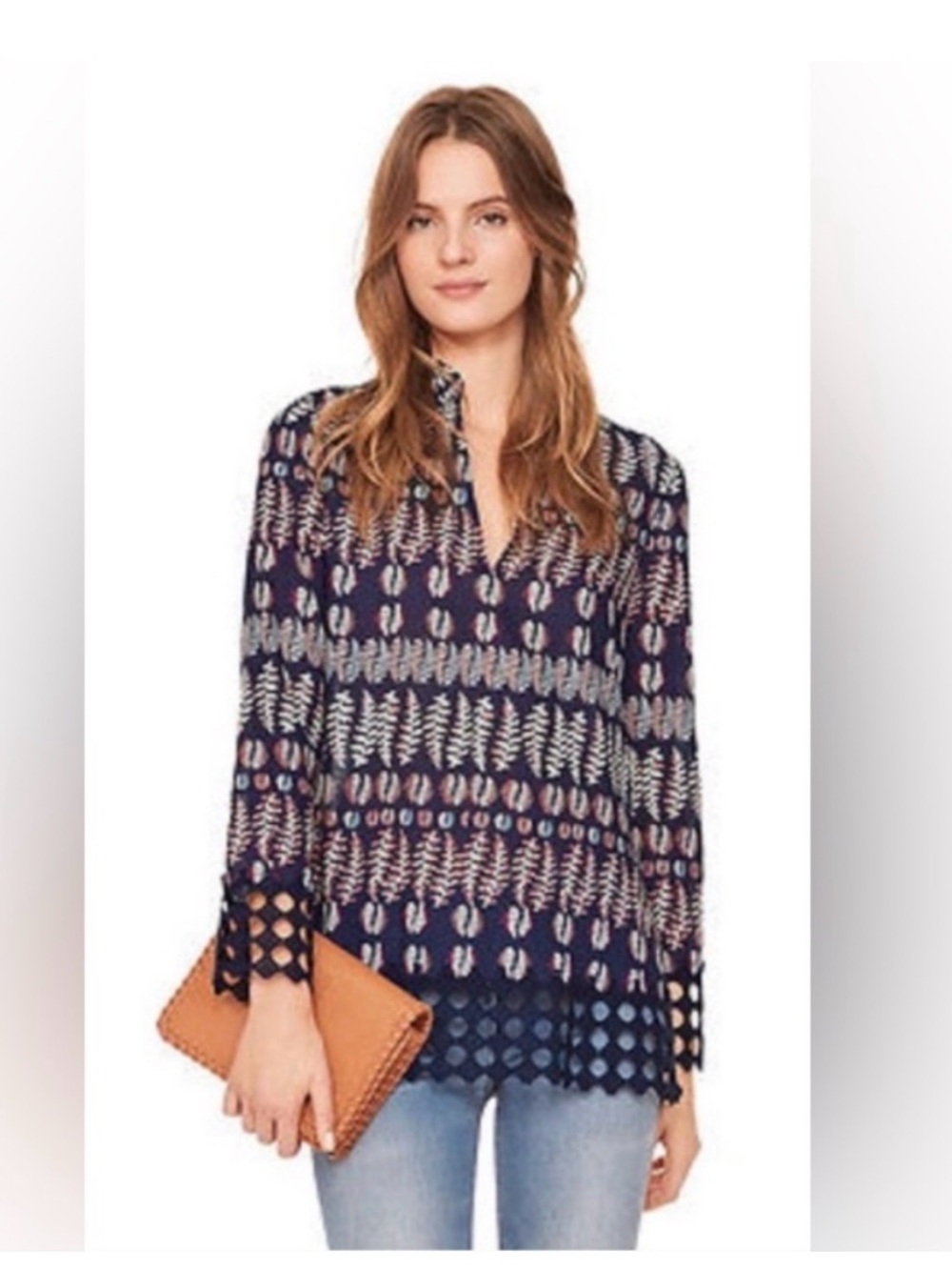Tory Burch 100% Cotton Fern Leaf Printed Tunic Blouse With Crochet Trim